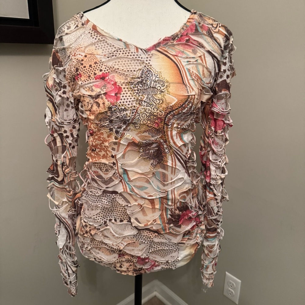 Cristiana‎ V Los Angeles Y2K Rhinestone Cross Ruffle Mesh Top L